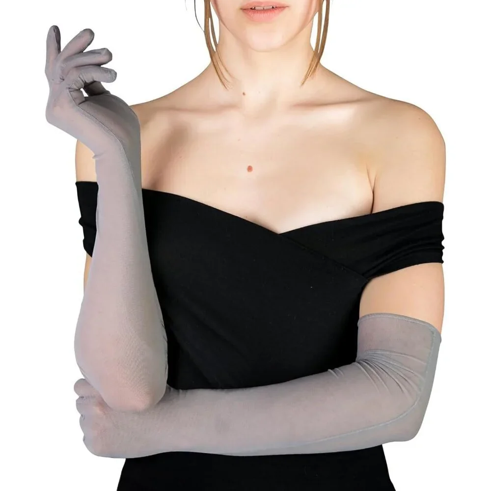 Women's Tulle Gray Long Sheer Silk Gloves Elbow Length Sun Protection Party